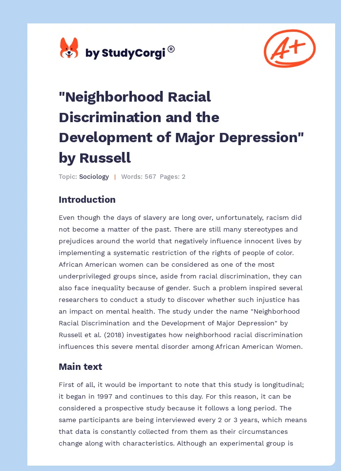 "Neighborhood Racial Discrimination and the Development of Major Depression" by Russell. Page 1