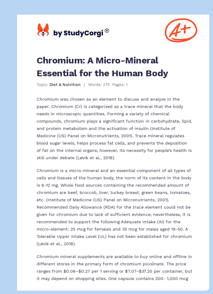 Chromium: A Micro-Mineral Essential for the Human Body. Page 1