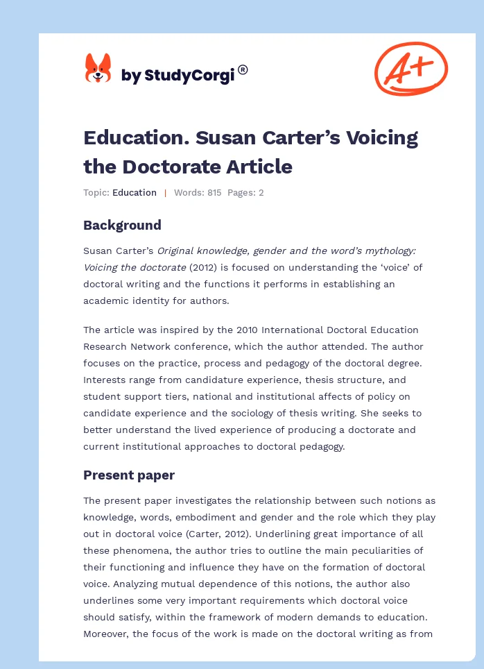 Education. Susan Carter’s Voicing the Doctorate Article. Page 1