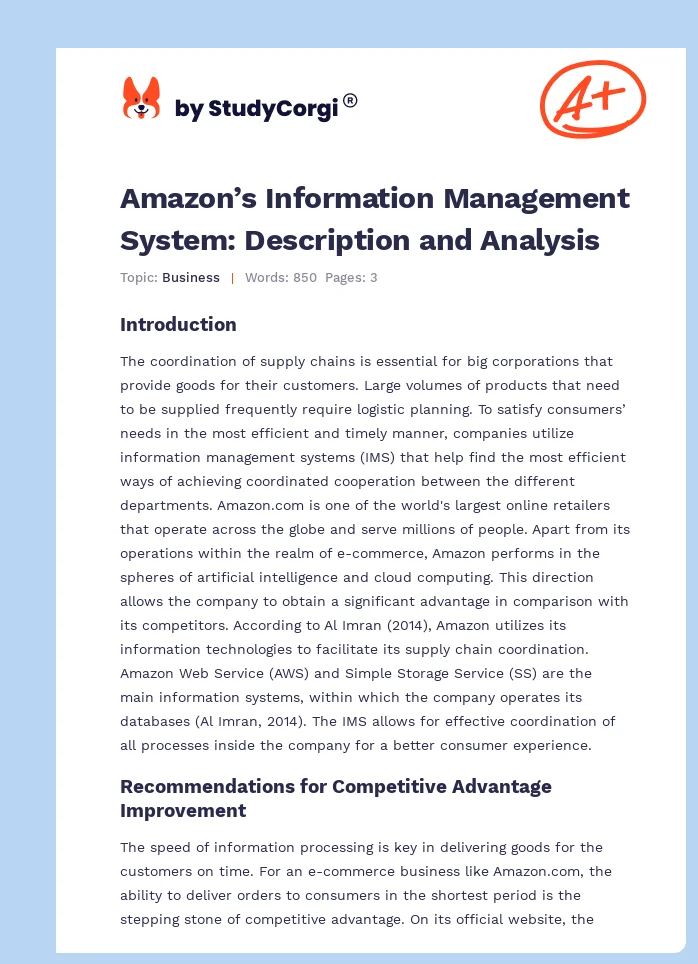 Amazon’s Information Management System: Description and Analysis. Page 1