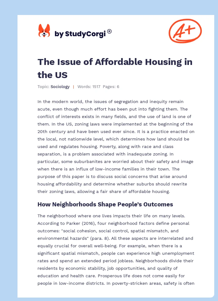 The Issue of Affordable Housing in the US. Page 1