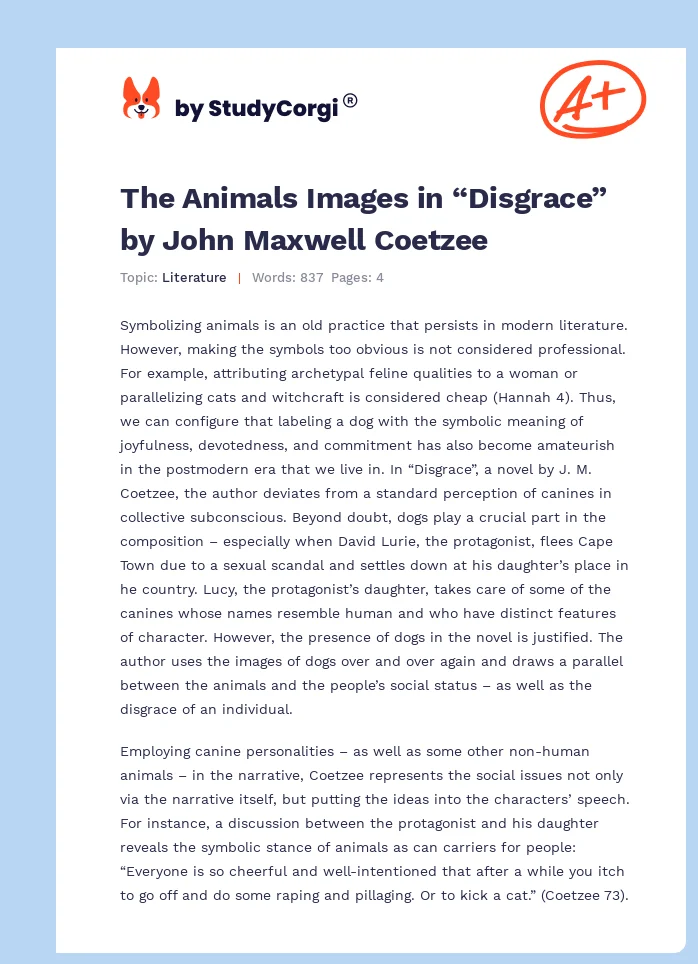 The Animals Images in “Disgrace” by John Maxwell Coetzee. Page 1