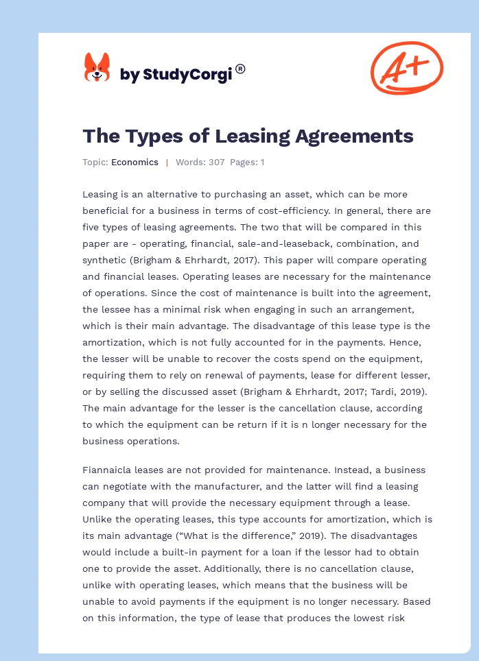 The Types of Leasing Agreements. Page 1