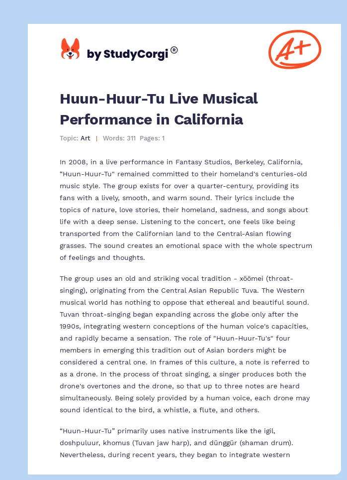 Huun-Huur-Tu Live Musical Performance in California. Page 1