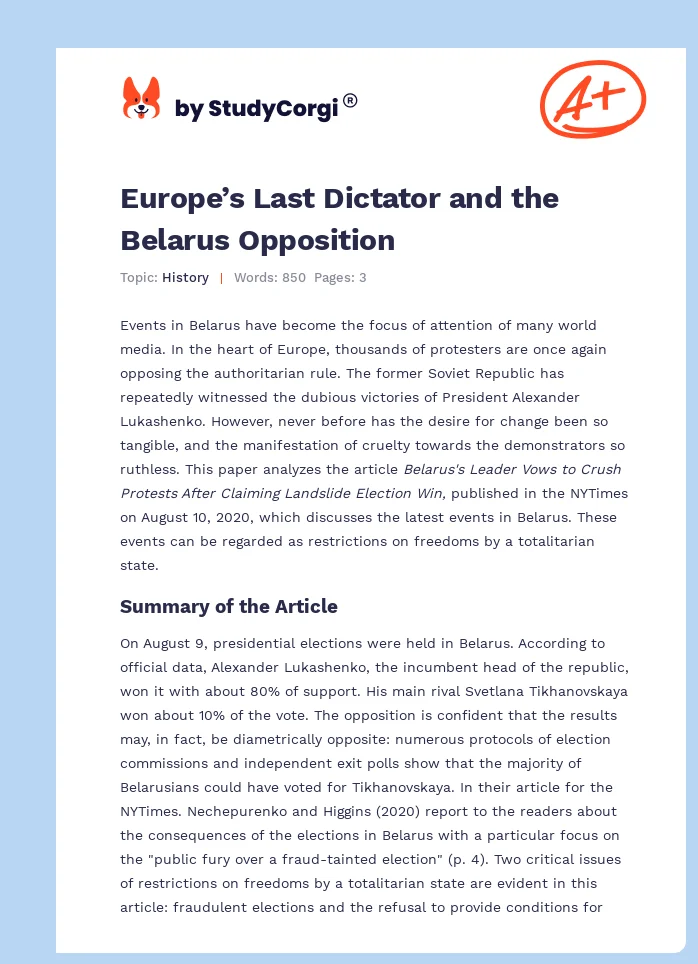 Europe’s Last Dictator and the Belarus Opposition. Page 1