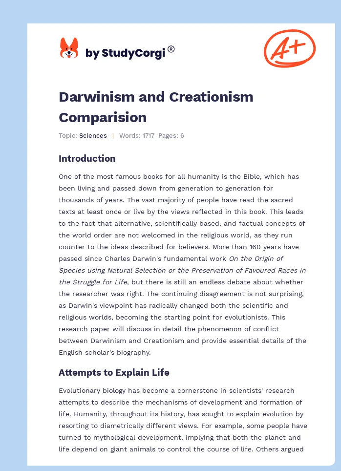 Darwinism and Creationism Comparision. Page 1