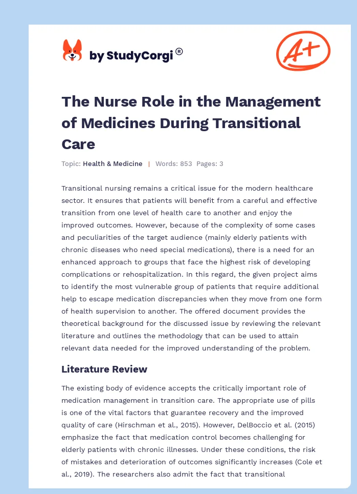 The Nurse Role in the Management of Medicines During Transitional Care. Page 1
