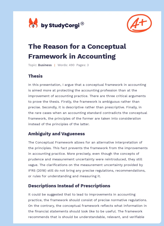 The Reason for a Conceptual Framework in Accounting. Page 1