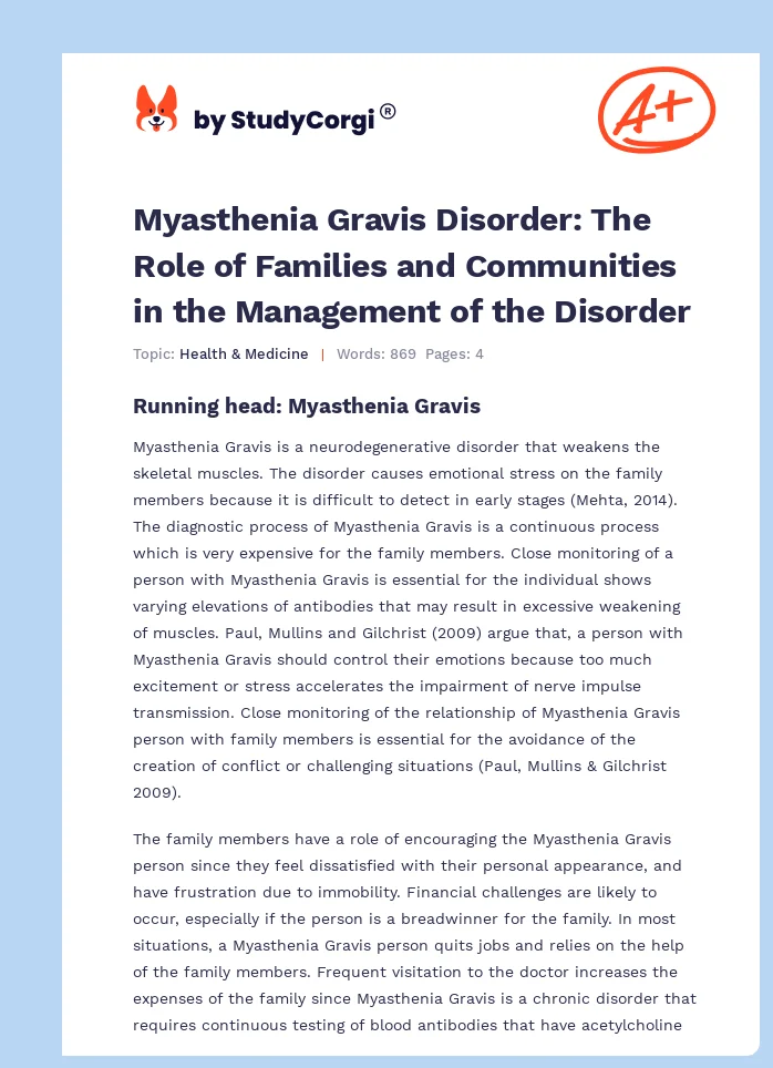 Myasthenia Gravis Disorder: The Role of Families and Communities in the Management of the Disorder. Page 1