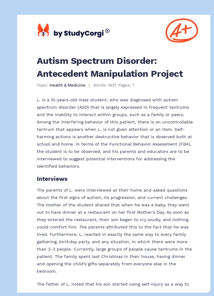 Autism Spectrum Disorder: Antecedent Manipulation Project. Page 1