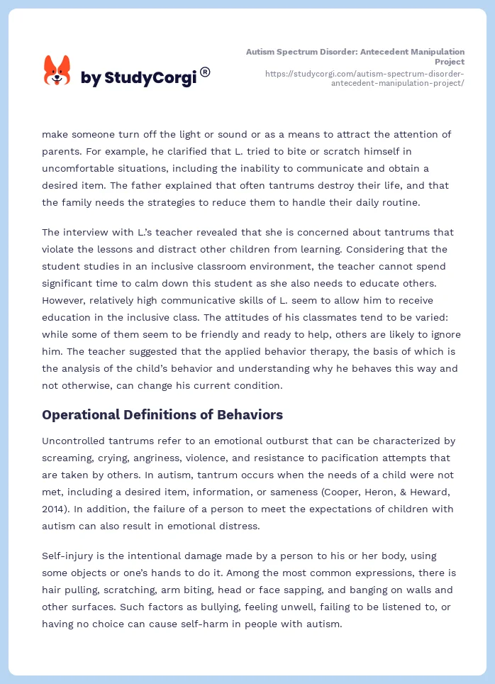 Autism Spectrum Disorder: Antecedent Manipulation Project. Page 2