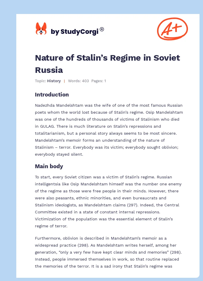 Nature of Stalin’s Regime in Soviet Russia. Page 1