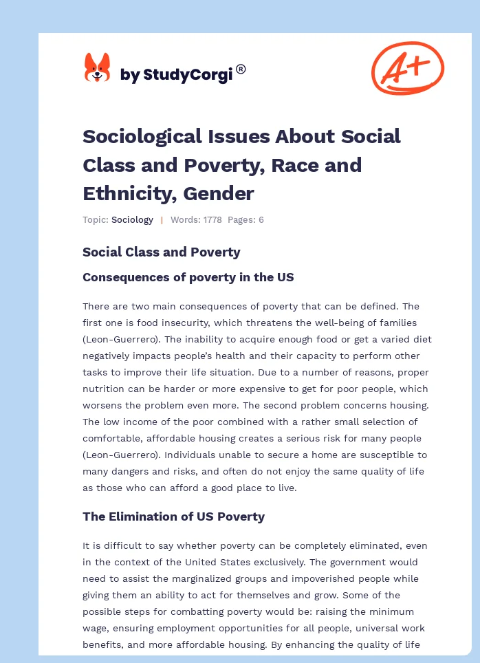 Sociological Issues About Social Class and Poverty, Race and Ethnicity, Gender. Page 1