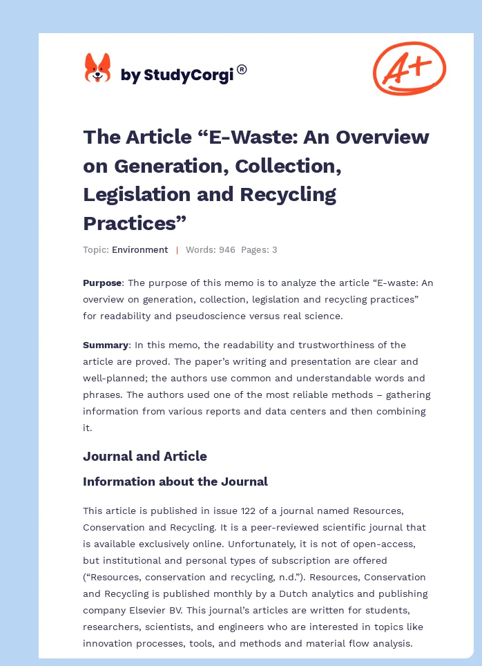The Article “E-Waste: An Overview on Generation, Collection, Legislation and Recycling Practices”. Page 1