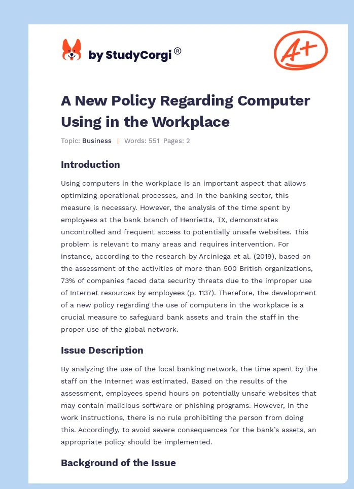 A New Policy Regarding Computer Using in the Workplace. Page 1