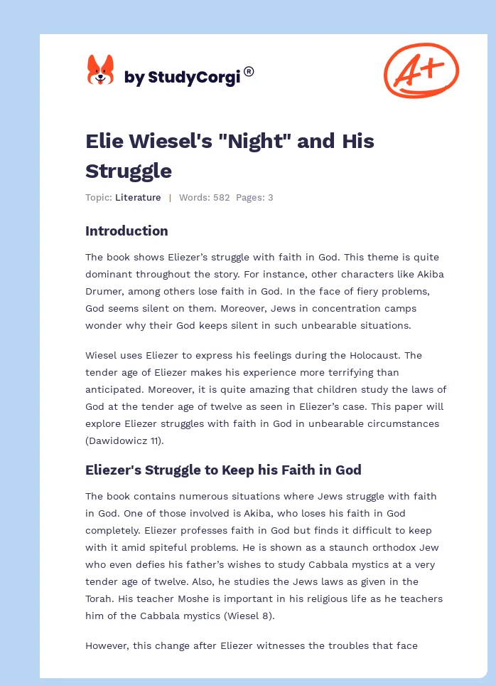 Elie Wiesel's "Night" and His Struggle. Page 1