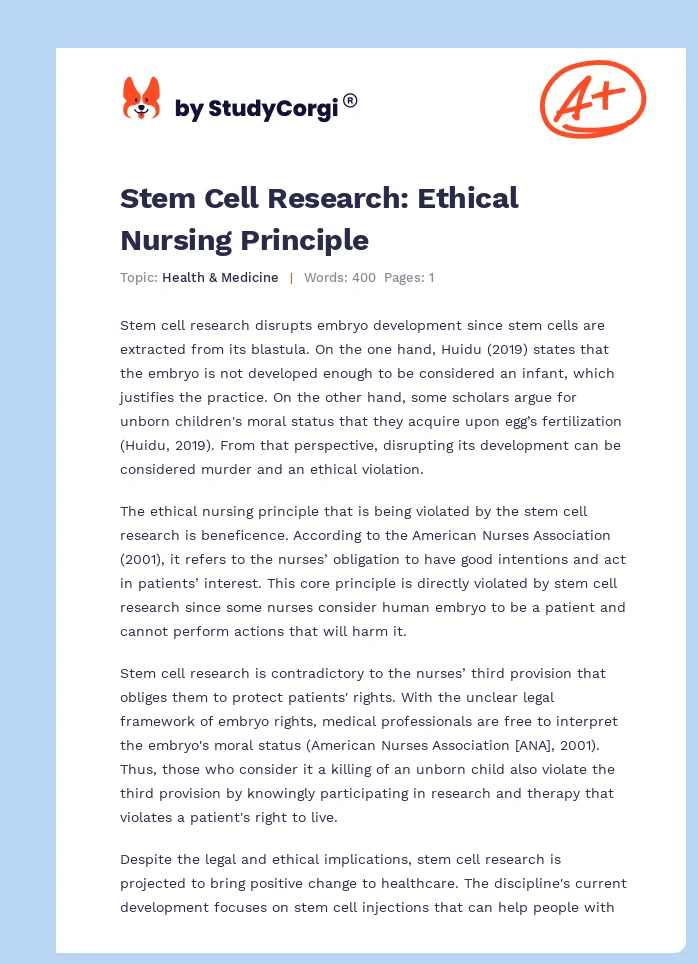 Stem Cell Research: Ethical Nursing Principle. Page 1