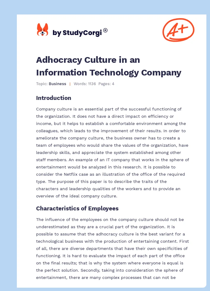 Adhocracy Culture in an Information Technology Company. Page 1