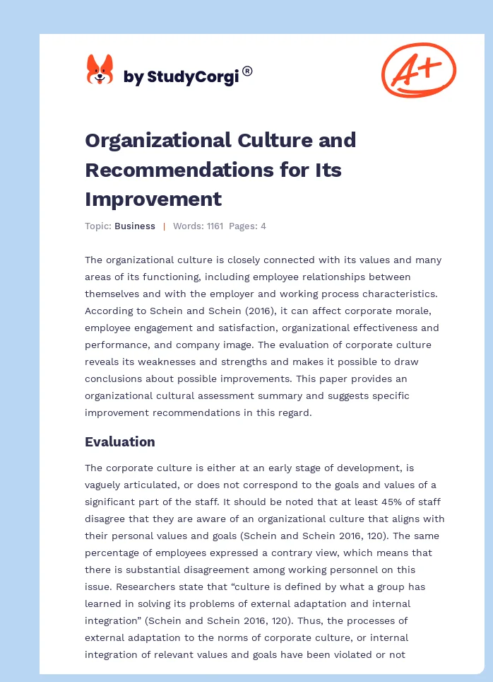 Organizational Culture and Recommendations for Its Improvement. Page 1