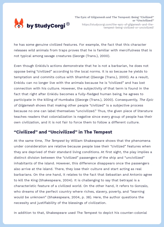 The Epic of Gilgamesh and The Tempest: Being “Civilized” or “Uncivilized”. Page 2