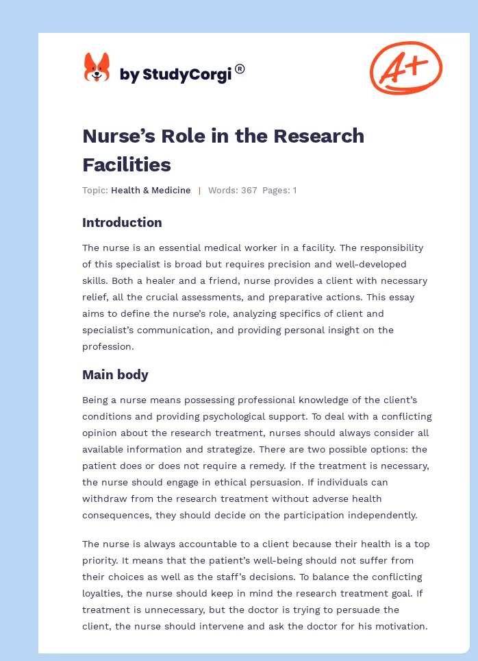 Nurse’s Role in the Research Facilities. Page 1