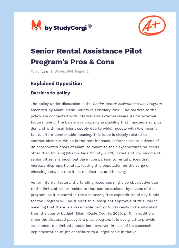Senior Rental Assistance Pilot Program's Pros & Cons. Page 1