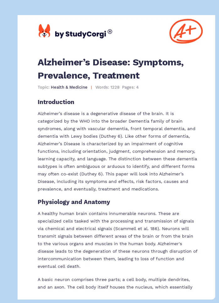 Alzheimer’s Disease: Symptoms, Prevalence, Treatment. Page 1