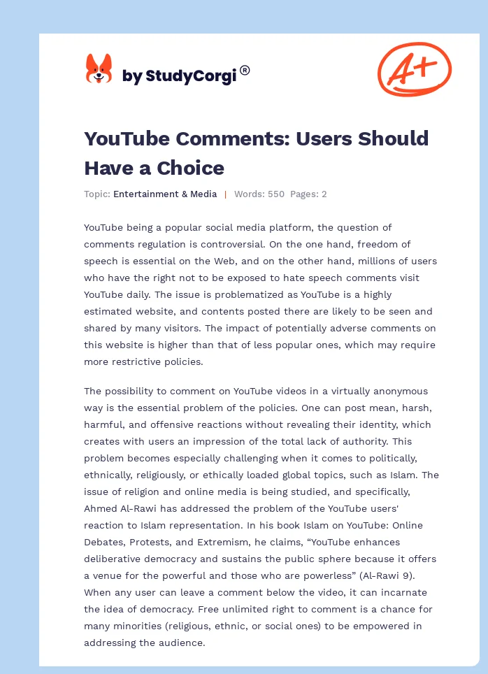YouTube Comments: Users Should Have a Choice. Page 1