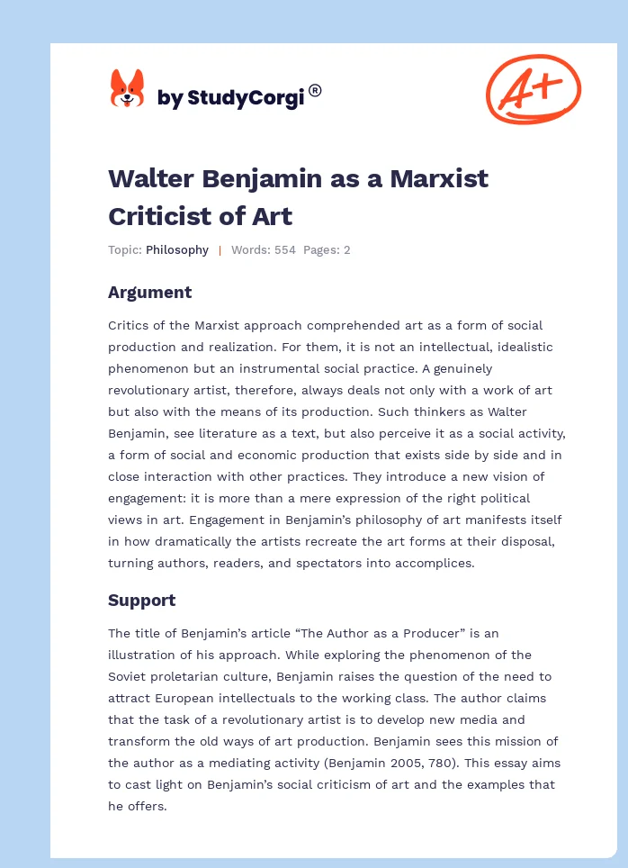 Walter Benjamin as a Marxist Criticist of Art. Page 1