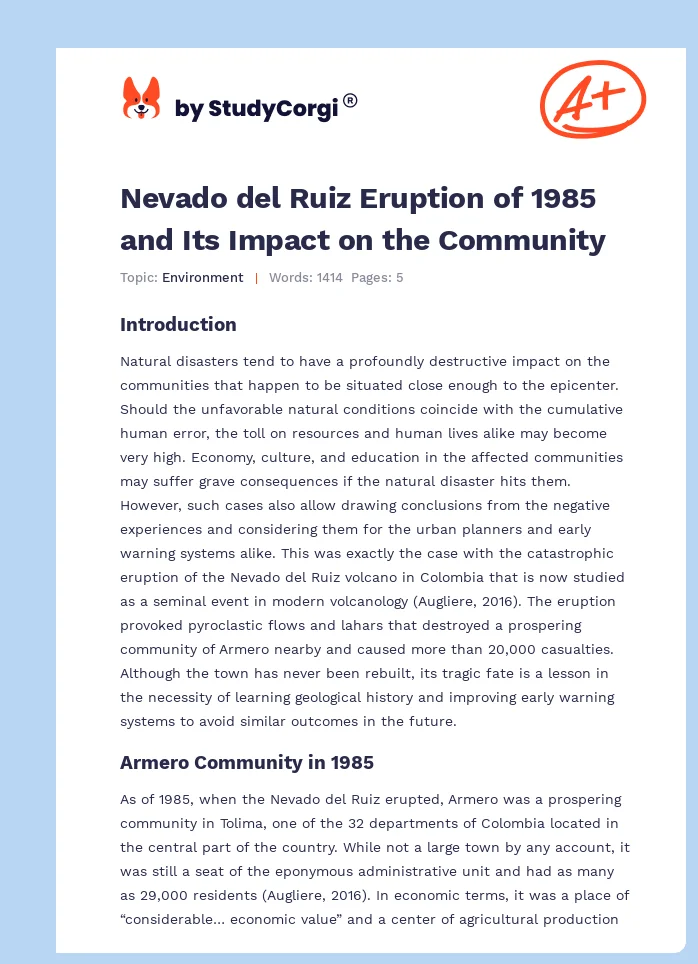 Nevado del Ruiz Eruption of 1985 and Its Impact on the Community. Page 1