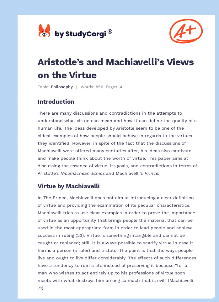 Aristotle’s and Machiavelli’s Views on the Virtue. Page 1
