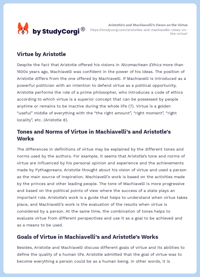 Aristotle’s and Machiavelli’s Views on the Virtue. Page 2