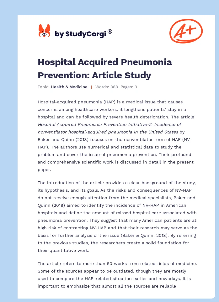 Hospital Acquired Pneumonia Prevention: Article Study. Page 1