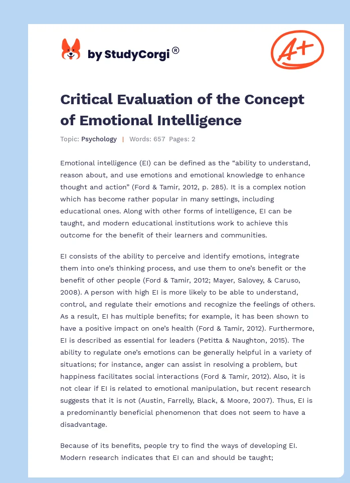 Critical Evaluation of the Concept of Emotional Intelligence. Page 1