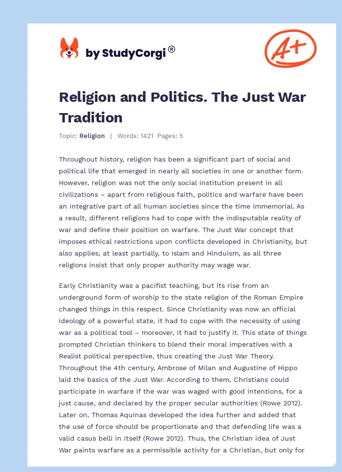 Religion and Politics. The Just War Tradition. Page 1
