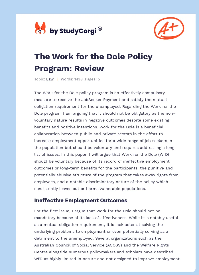 The Work for the Dole Policy Program: Review. Page 1