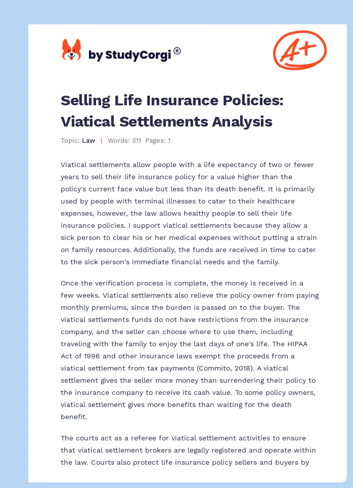 Selling Life Insurance Policies: Viatical Settlements Analysis. Page 1