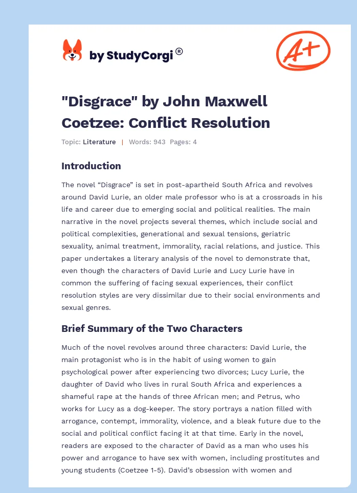 "Disgrace" by John Maxwell Coetzee: Conflict Resolution. Page 1