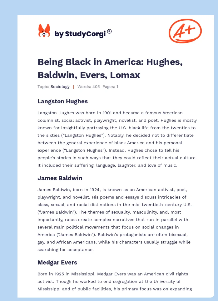 Being Black in America: Hughes, Baldwin, Evers, Lomax. Page 1