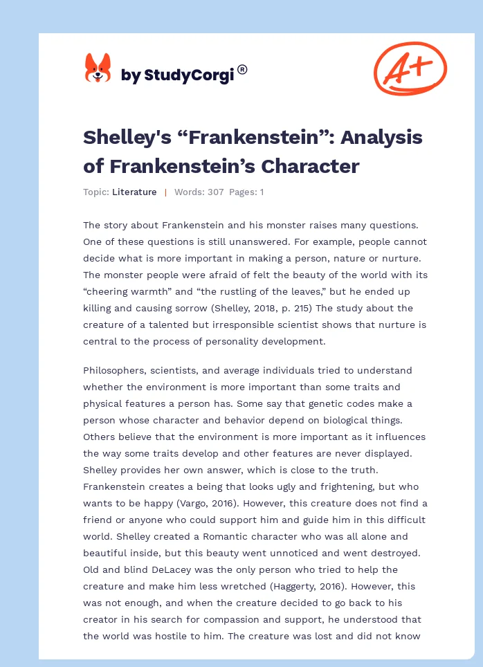 Shelley's “Frankenstein”: Analysis of Frankenstein’s Character. Page 1