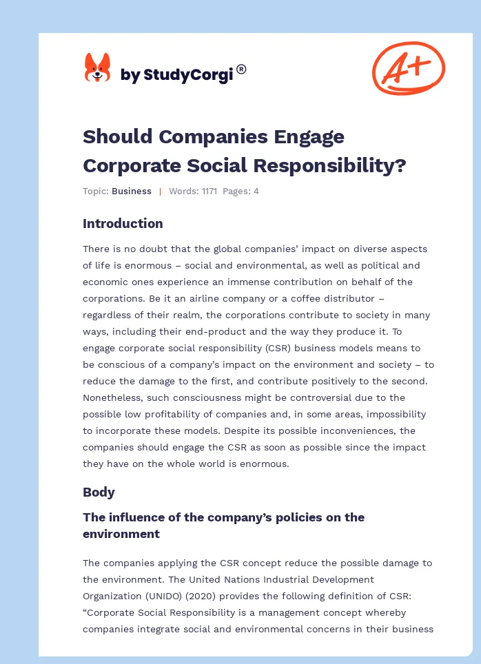 Should Companies Engage Corporate Social Responsibility?. Page 1