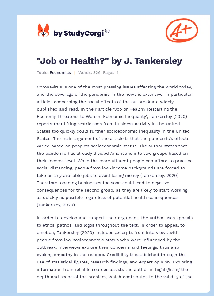 "Job or Health?" by J. Tankersley. Page 1