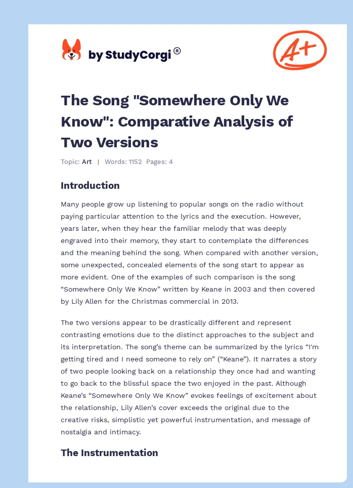 The Song "Somewhere Only We Know": Comparative Analysis of Two Versions. Page 1