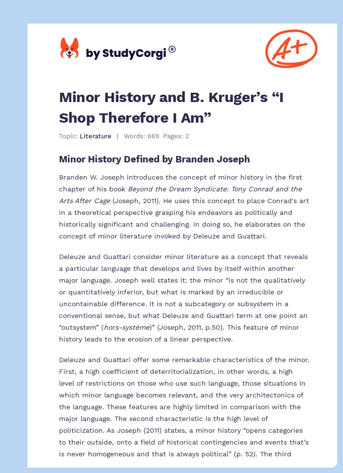 Minor History and B. Kruger’s “I Shop Therefore I Am”. Page 1