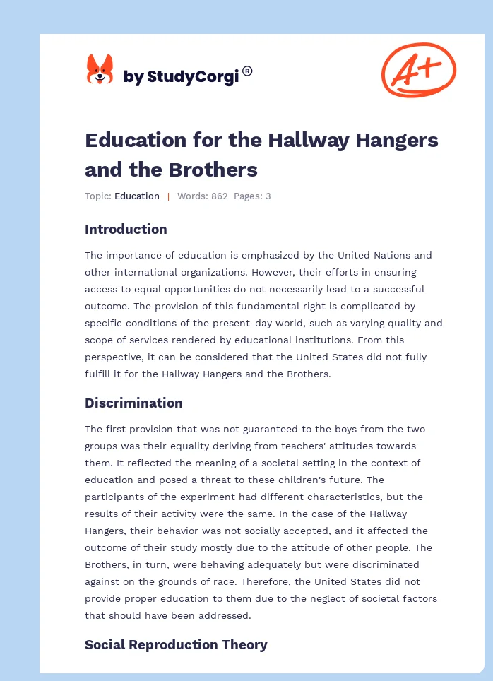 Education for the Hallway Hangers and the Brothers. Page 1