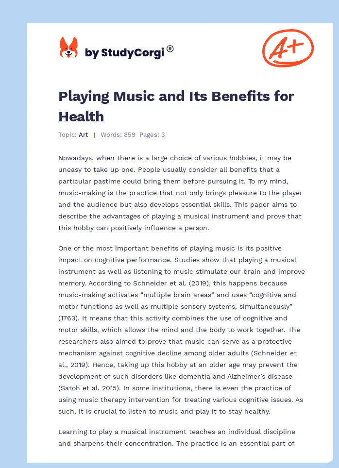 Playing Music and Its Benefits for Health. Page 1