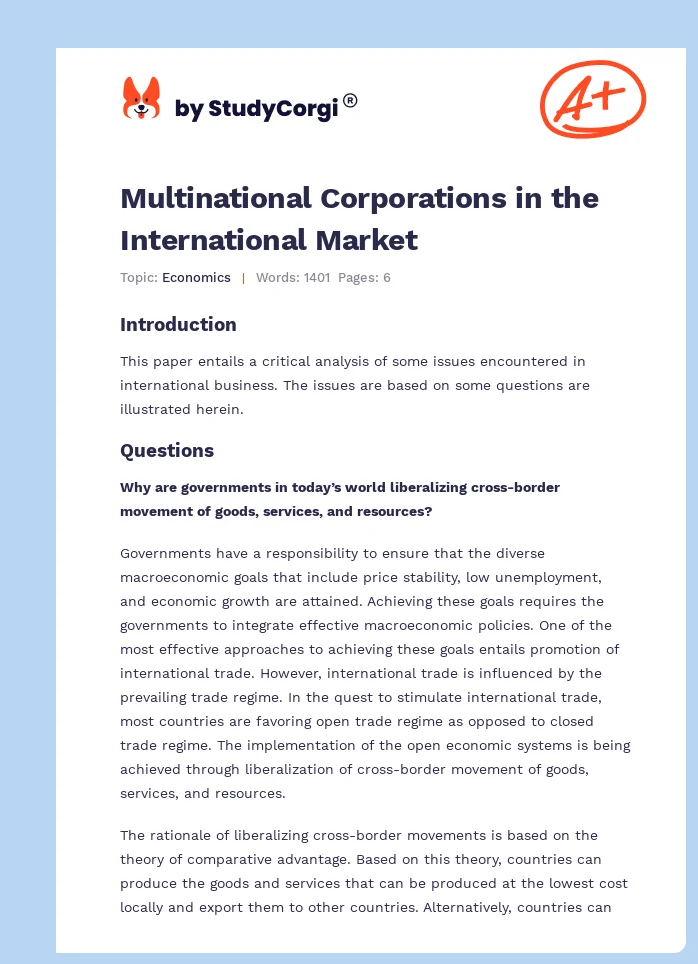 Multinational Corporations in the International Market. Page 1