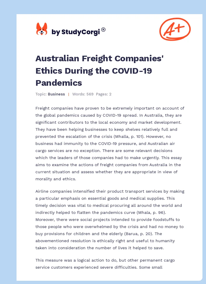 Australian Freight Companies' Ethics During the COVID-19 Pandemics. Page 1