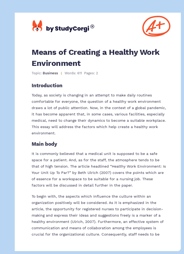 Means of Creating a Healthy Work Environment. Page 1