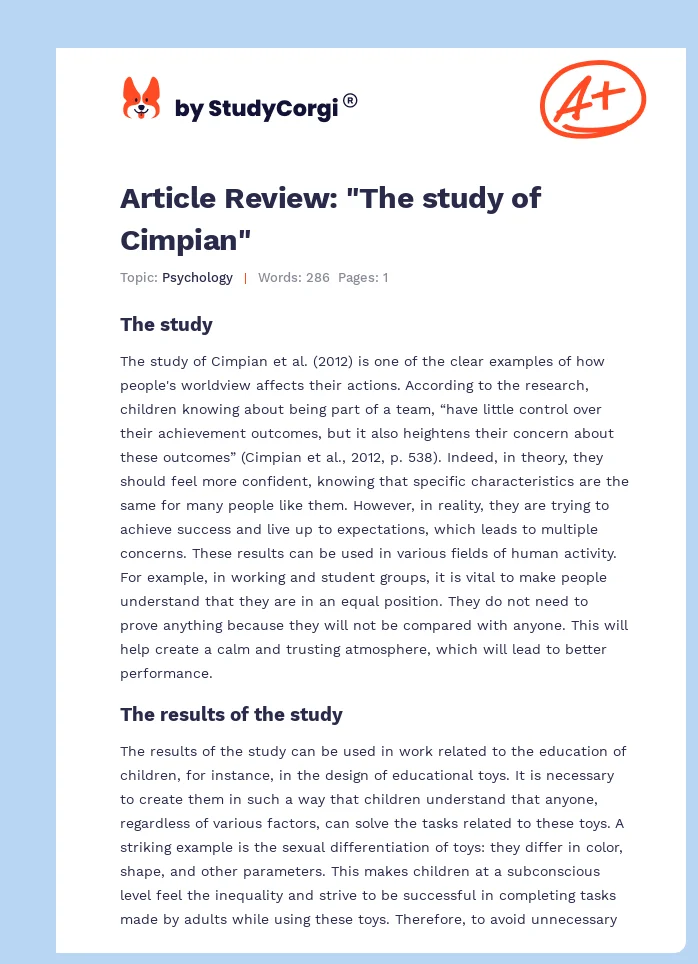 Article Review: "The study of Cimpian". Page 1